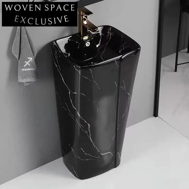 High Quality Modern Black Marble Design Freestanding Pedestal Bathroom Sink Basin