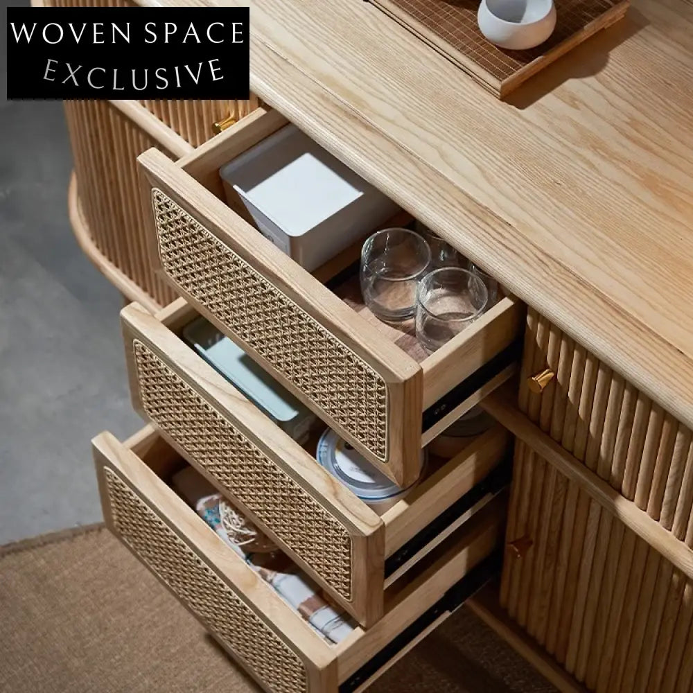 High-Quality Wooden Storage Cabinet with Natural Rattan Woven Doors