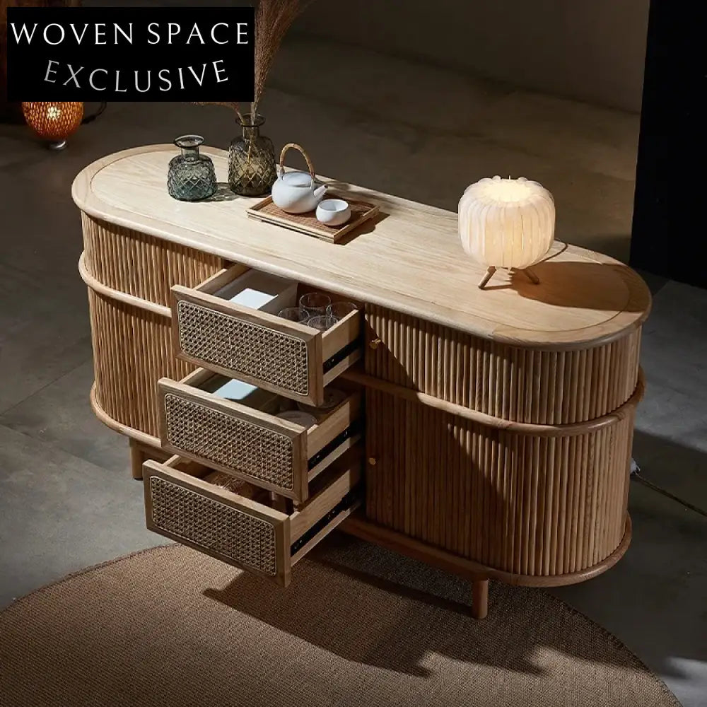 High-Quality Wooden Storage Cabinet with Natural Rattan Woven Doors