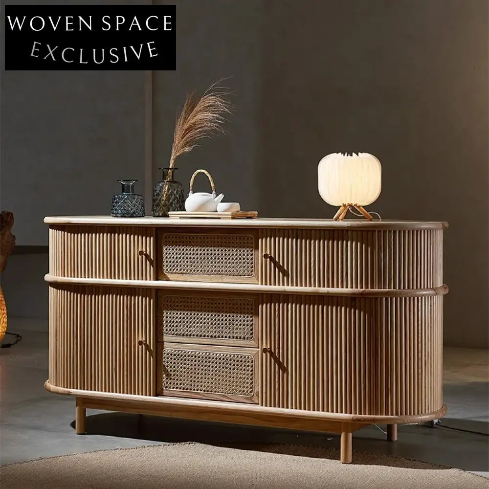 High-Quality Wooden Storage Cabinet with Natural Rattan Woven Doors