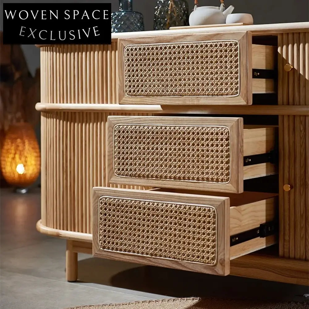 High-Quality Wooden Storage Cabinet with Natural Rattan Woven Doors