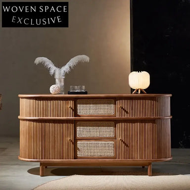 High-Quality Wooden Storage Cabinet with Natural Rattan Woven Doors