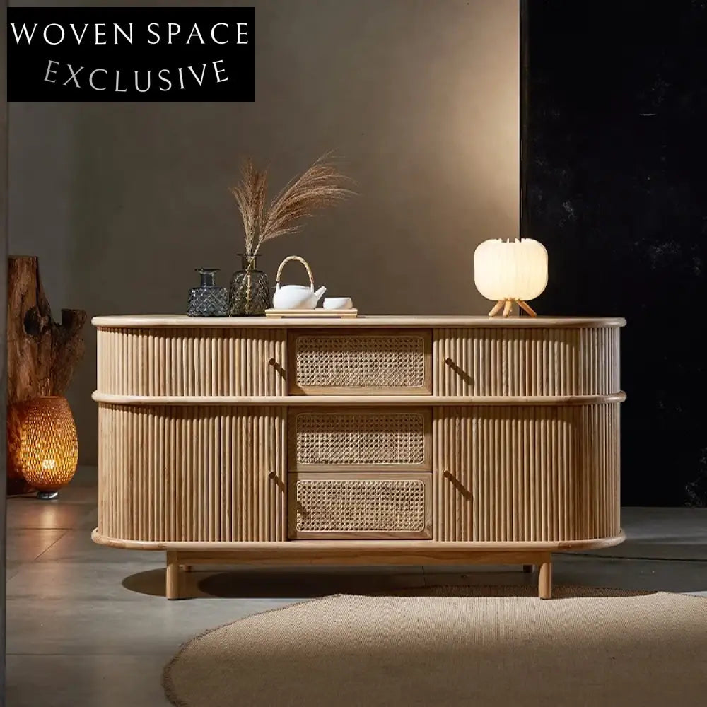 High-Quality Wooden Storage Cabinet with Natural Rattan Woven Doors