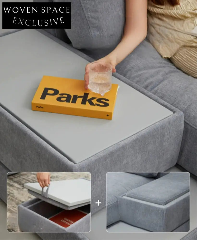 Home Furnishing Blue Fabric Chenille Module Living Room Straight Armrest Storage Box Tofu Block Supo Sofa