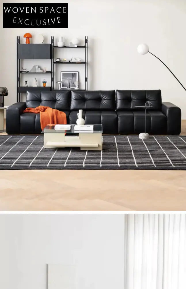 Home Pixel Leather Sofa Removable Backrest Black Italian Light Luxury High-end Adjustable Big Black Bull