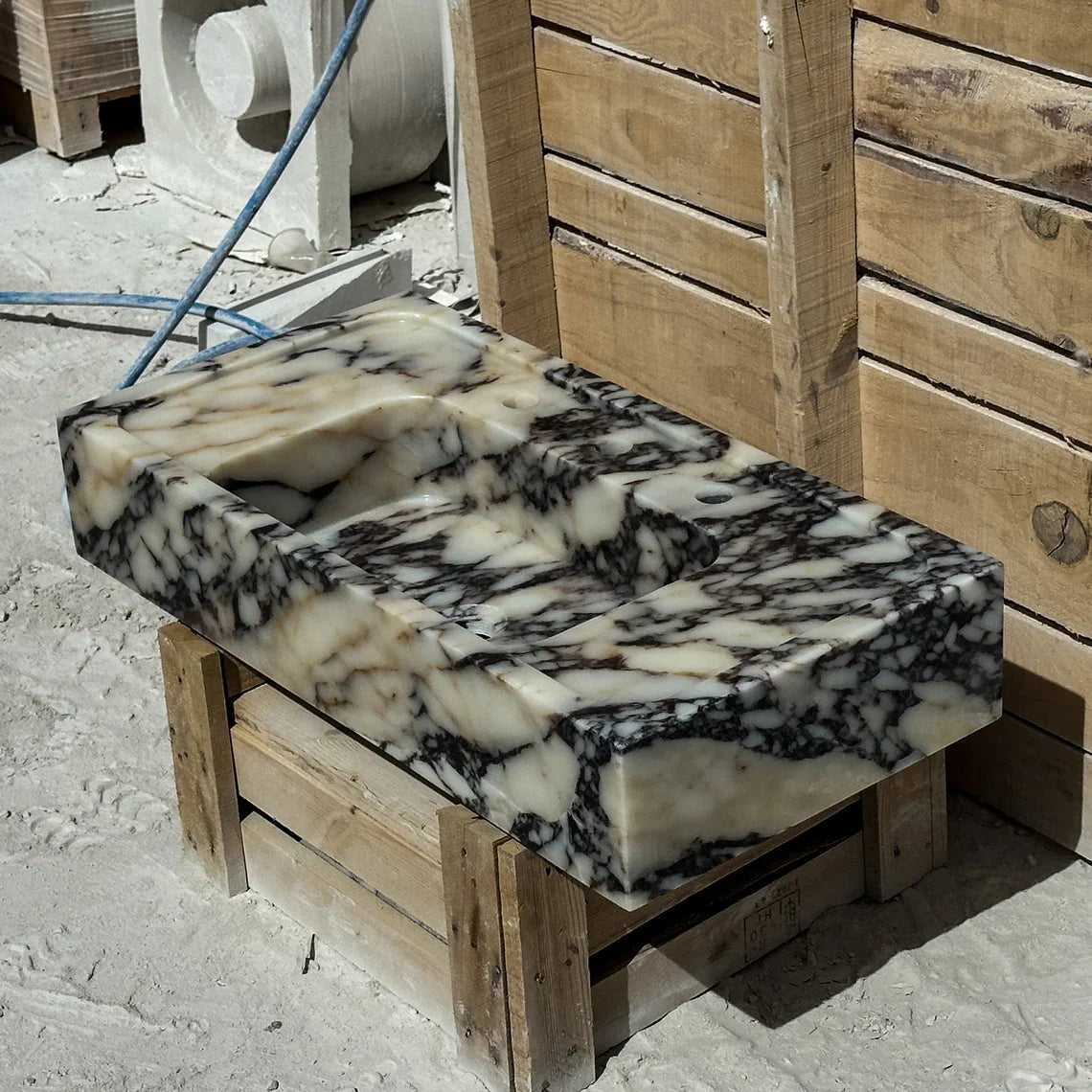 Lorenzo Viola Hand-Carved Marble Sink, Ribbed Luxury Design