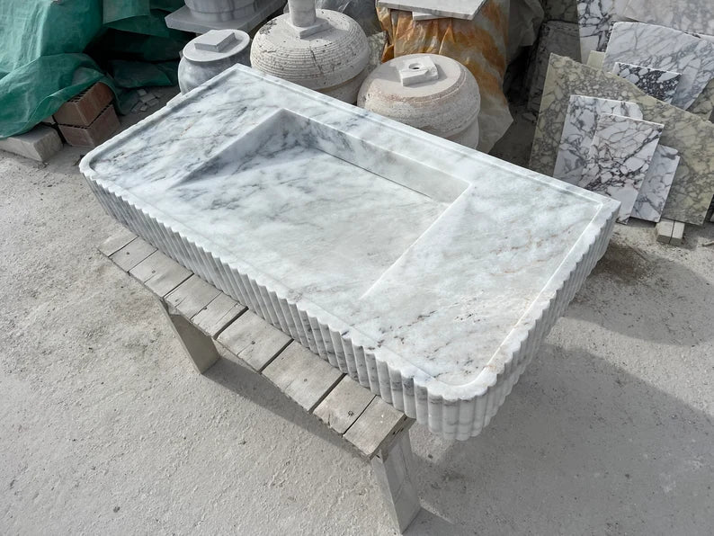 Odon Carrara Marble Sink with Ribbed Sides