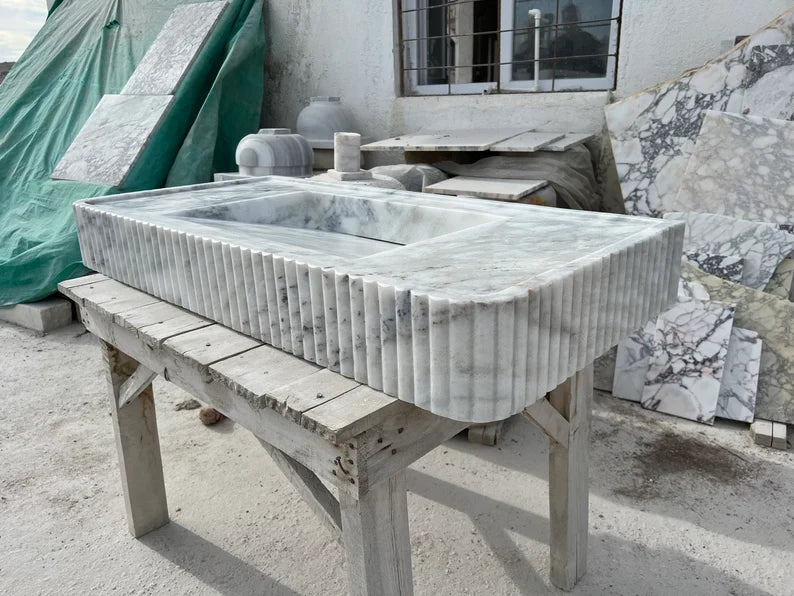 Odon Carrara Marble Sink with Ribbed Sides