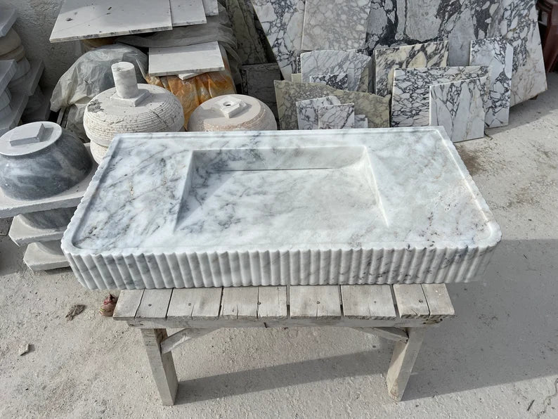 Odon Carrara Marble Sink with Ribbed Sides
