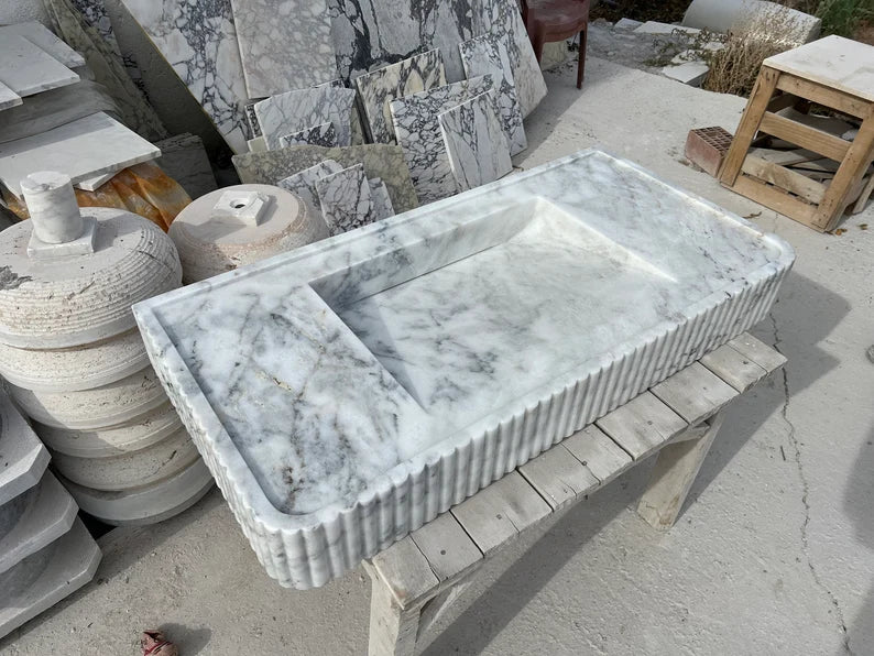 Odon Carrara Marble Sink with Ribbed Sides