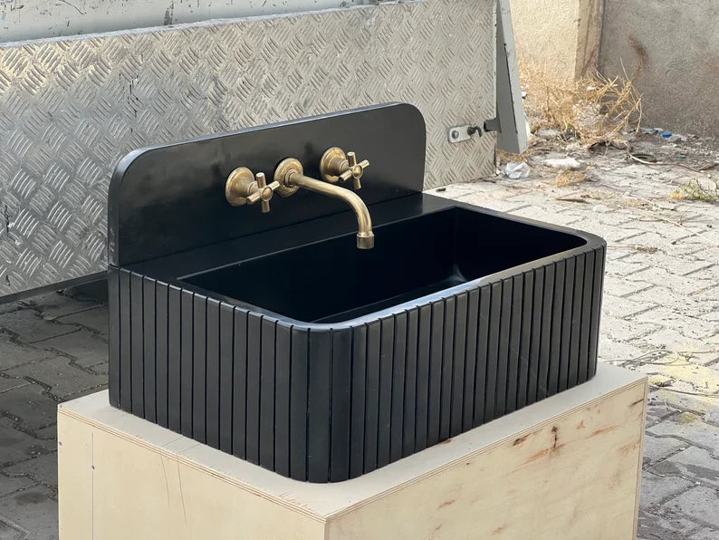 Amadeo Black Nero marquina backsplash sink ribbed Wash basin