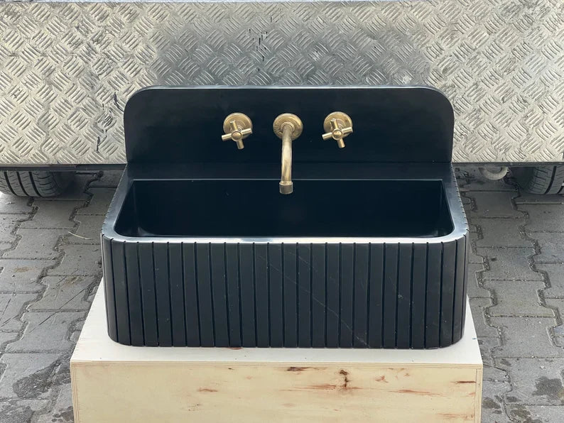 Amadeo Black Nero marquina backsplash sink ribbed Wash basin