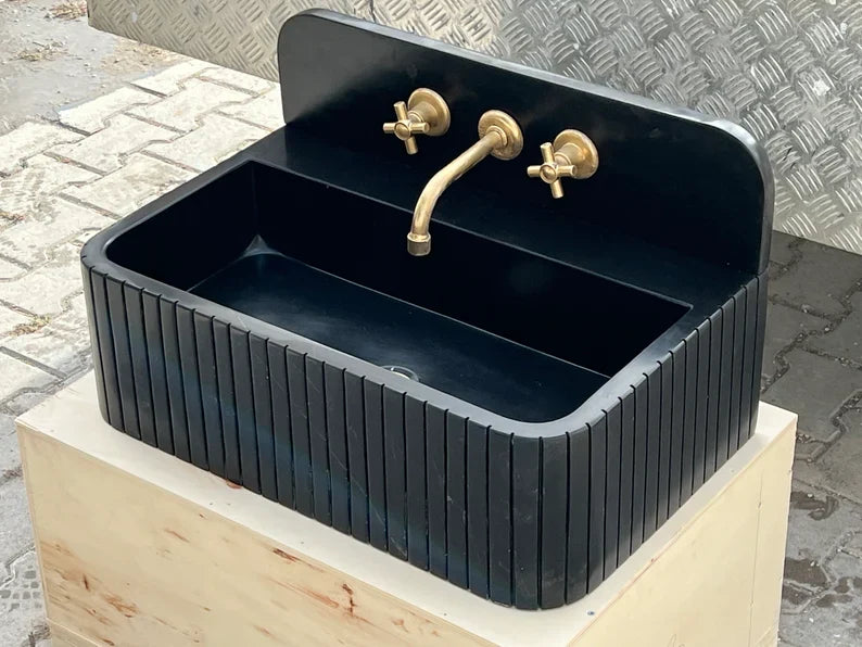 Amadeo Black Nero marquina backsplash sink ribbed Wash basin