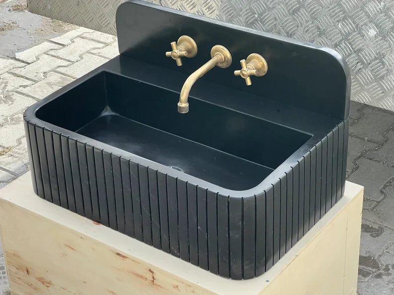 Amadeo Black Nero marquina backsplash sink ribbed Wash basin