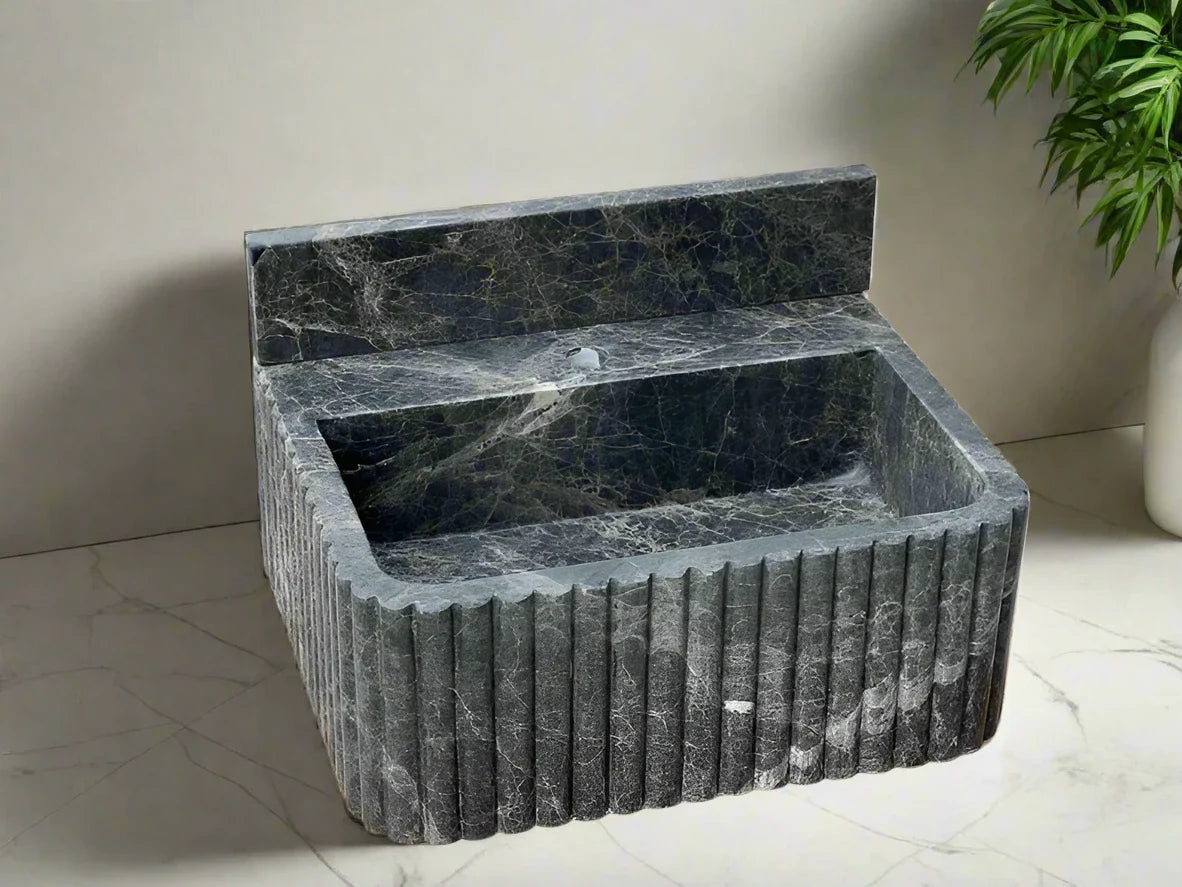 Giovanni Black Bayat ribbed backsplash marble sink