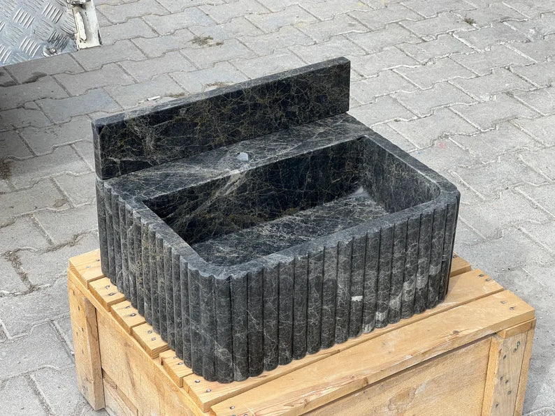 Giovanni Black Bayat ribbed backsplash marble sink