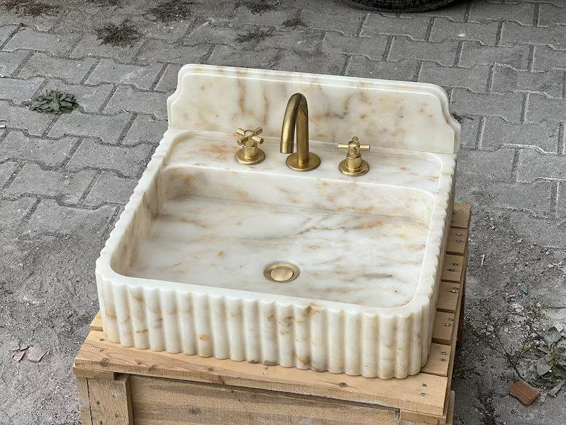 Francesco Calacatta Marble Sink with Gold Backsplash