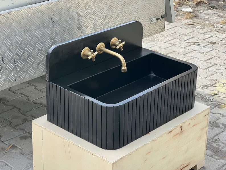 Amadeo Black Nero marquina backsplash sink ribbed Wash basin