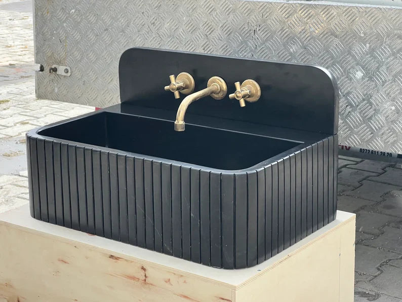 Amadeo Black Nero marquina backsplash sink ribbed Wash basin