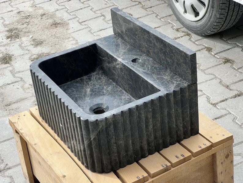 Giovanni Black Bayat ribbed backsplash marble sink