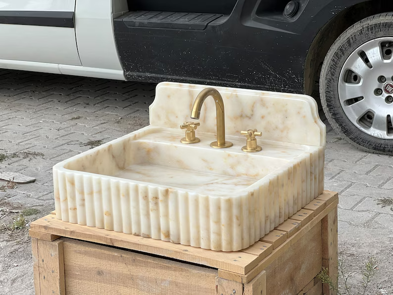 Francesco Calacatta Marble Sink with Gold Backsplash