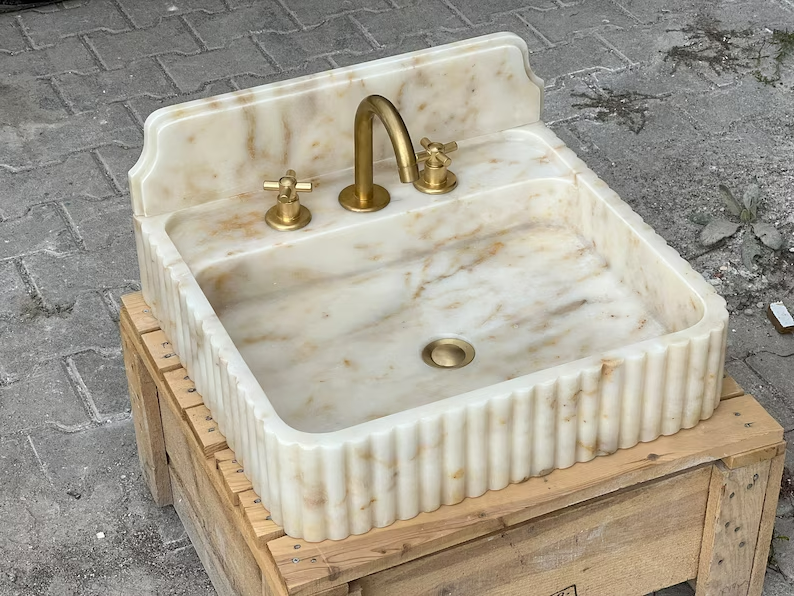 Francesco Calacatta Marble Sink with Gold Backsplash