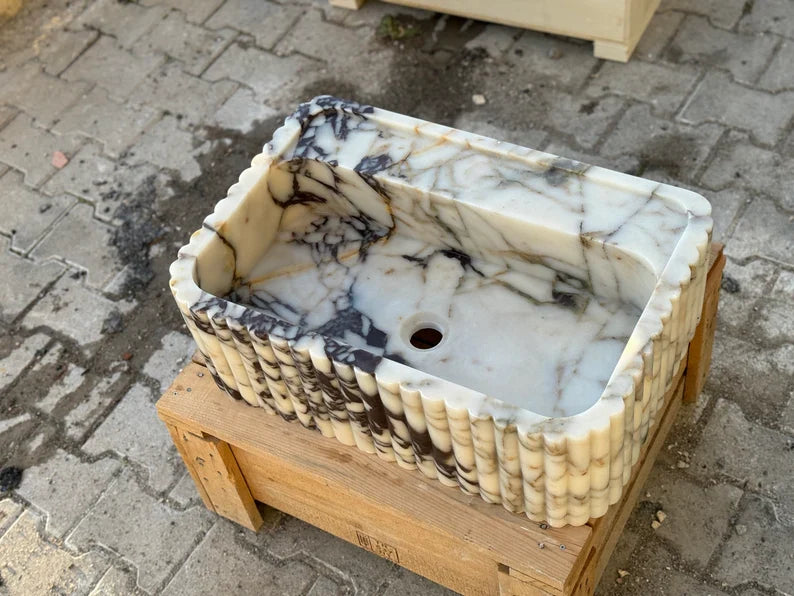 Calacatta Viola marble sink ribbed 3 Sides