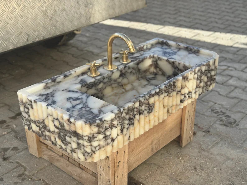 Calacatta Viola marble sink ribbed 3 Sides