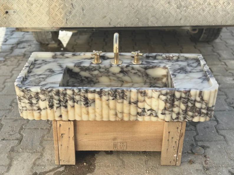 Calacatta Viola marble sink ribbed 3 Sides