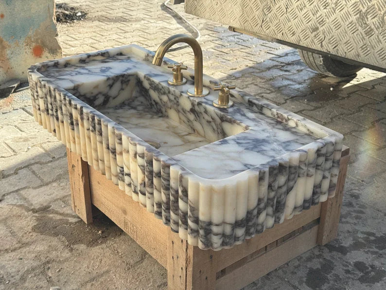 Calacatta Viola marble sink ribbed 3 Sides