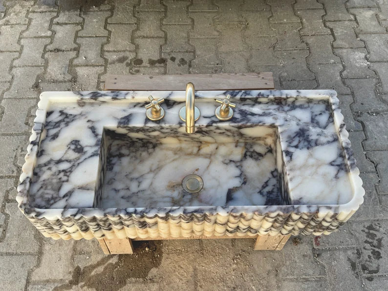 Calacatta Viola marble sink ribbed 3 Sides