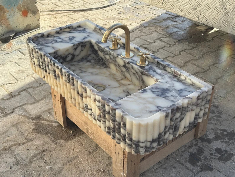 Calacatta Viola marble sink ribbed 3 Sides