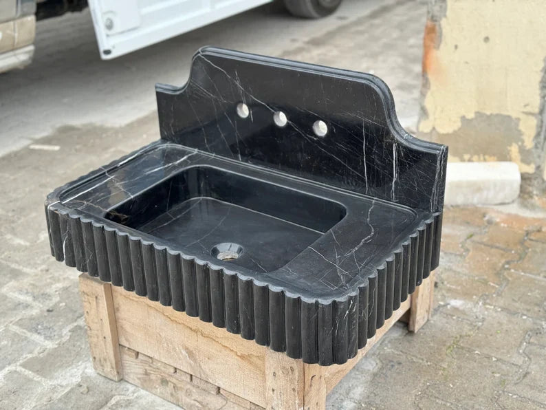 Danial Nero Ribbed Marble Sink - Wall Mounted