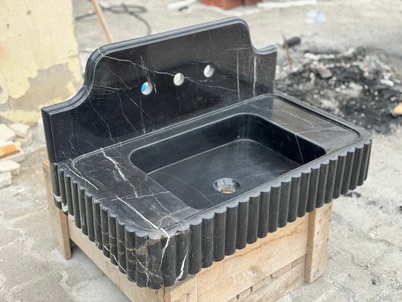 Danial Nero Ribbed Marble Sink - Wall Mounted