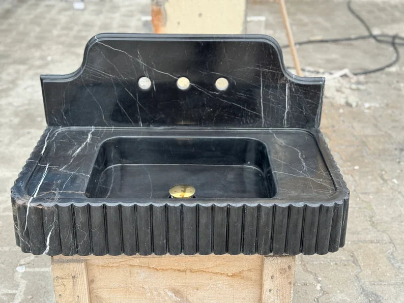 Danial Nero Ribbed Marble Sink - Wall Mounted