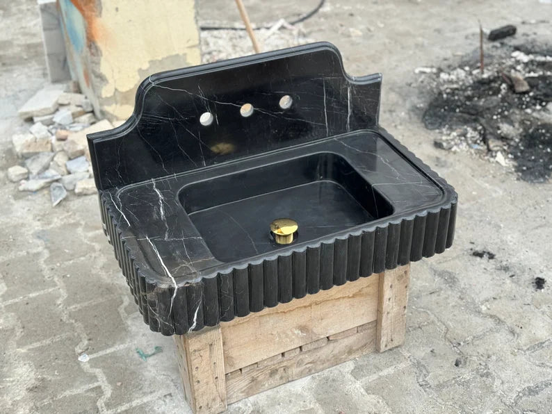 Danial Nero Ribbed Marble Sink - Wall Mounted