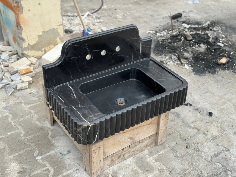 Danial Nero Ribbed Marble Sink - Wall Mounted