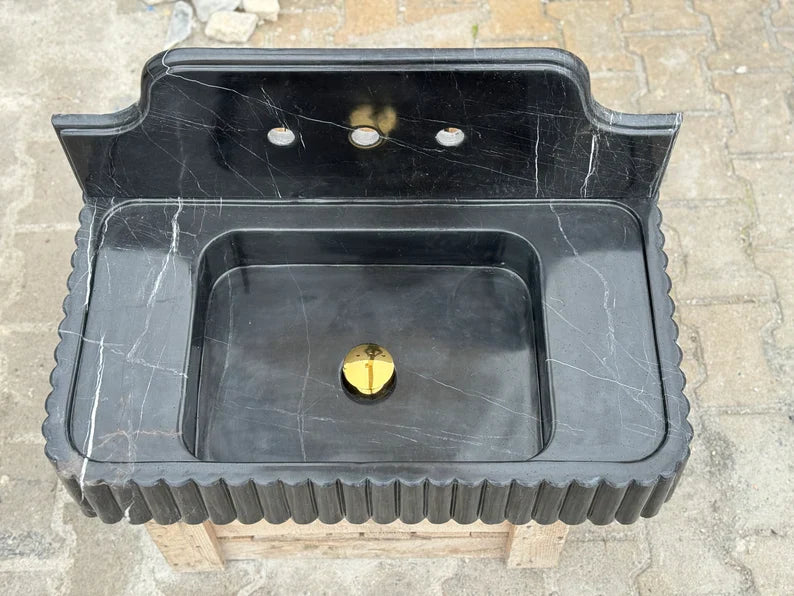 Danial Nero Ribbed Marble Sink - Wall Mounted