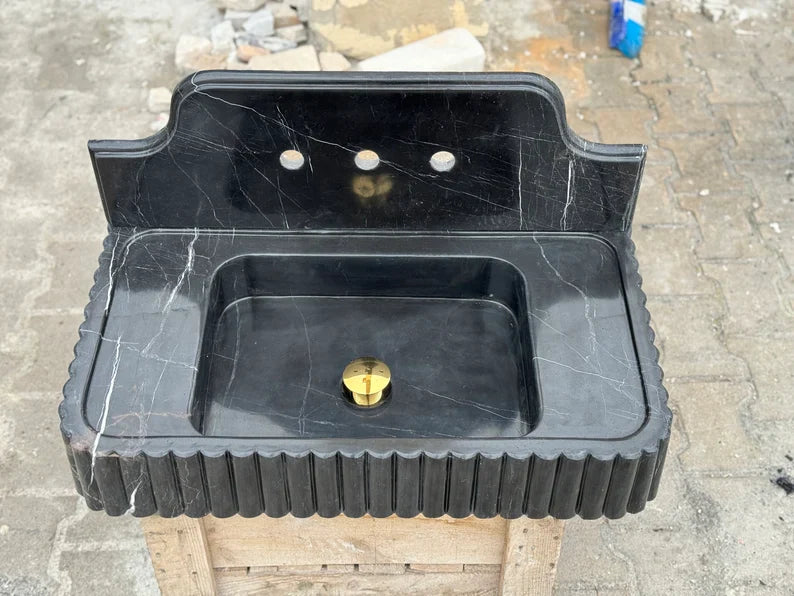 Danial Nero Ribbed Marble Sink - Wall Mounted