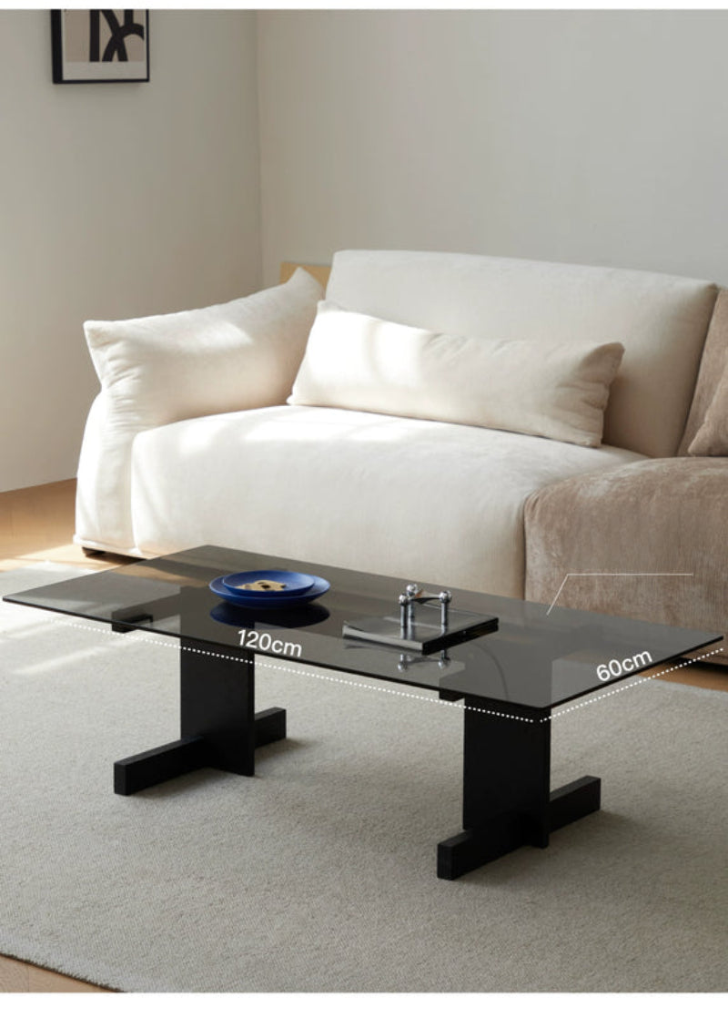 Blue Black Solid Wood Transparent Glass Surface Coffee Table