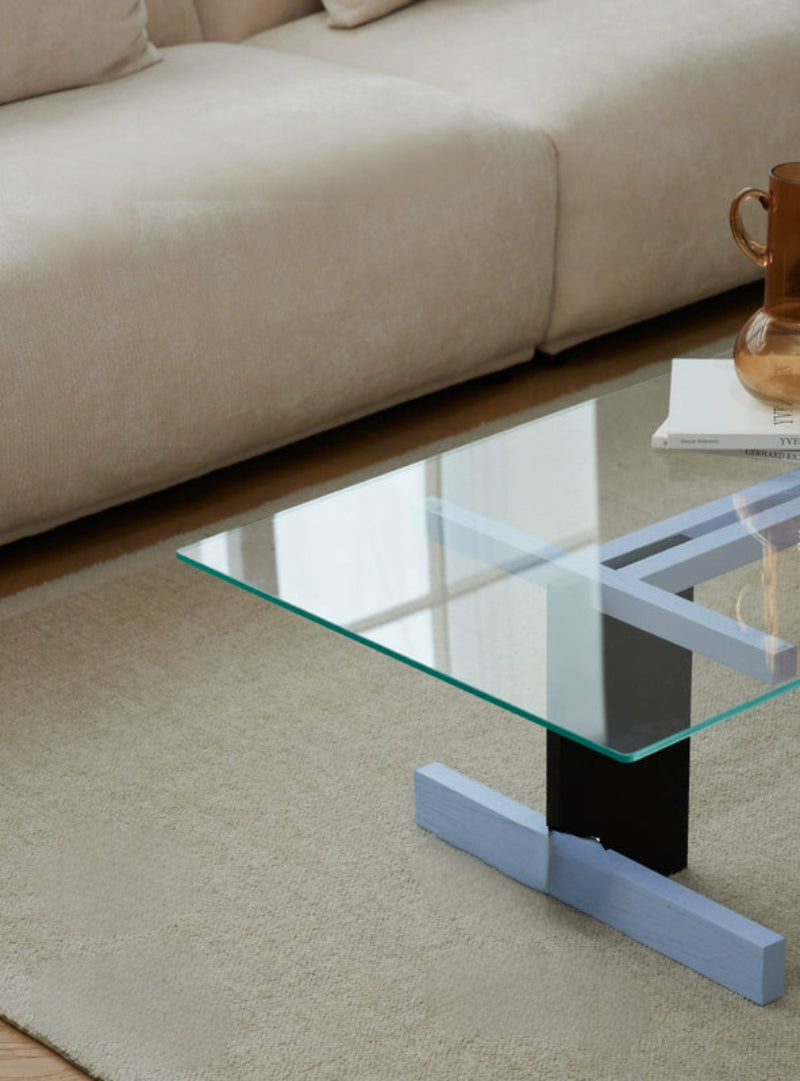 Blue Black Solid Wood Transparent Glass Surface Coffee Table