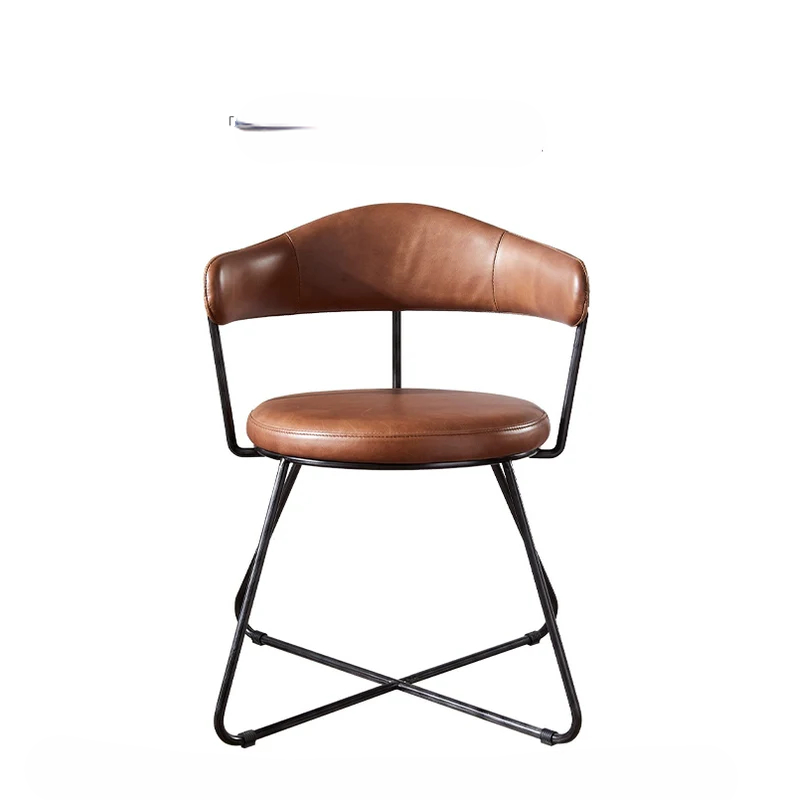 Nordic medieval style leather round chair iron creative dining chair industrial style designer retro backrest study armchair