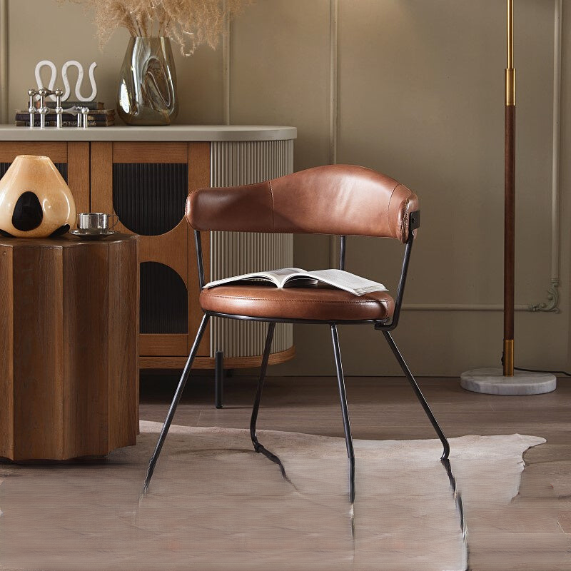 Nordic medieval style leather round chair iron creative dining chair industrial style designer retro backrest study armchair