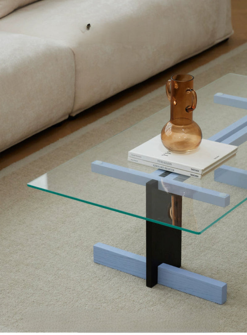 Blue Black Solid Wood Transparent Glass Surface Coffee Table