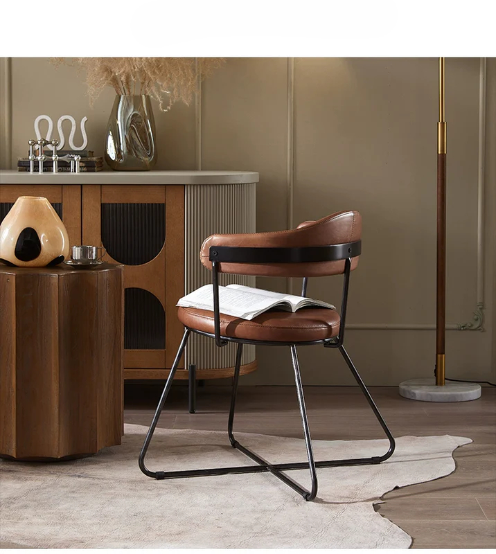 Nordic medieval style leather round chair iron creative dining chair industrial style designer retro backrest study armchair