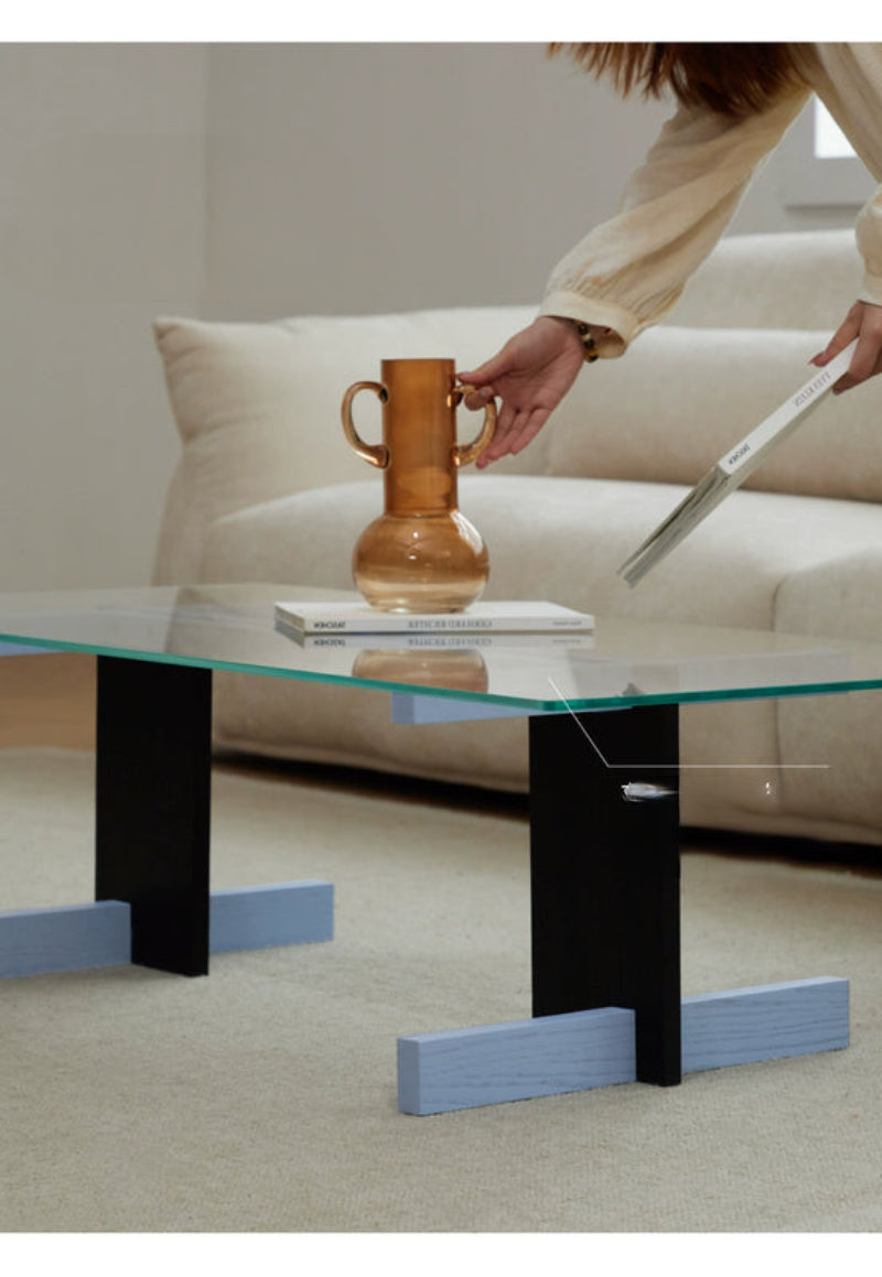 Blue Black Solid Wood Transparent Glass Surface Coffee Table
