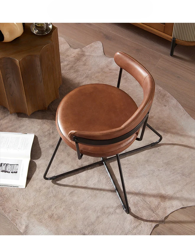 Nordic medieval style leather round chair iron creative dining chair industrial style designer retro backrest study armchair