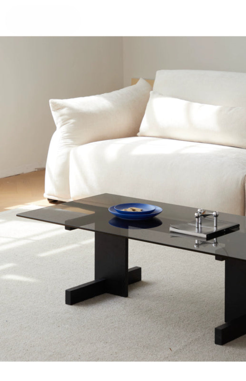 Blue Black Solid Wood Transparent Glass Surface Coffee Table