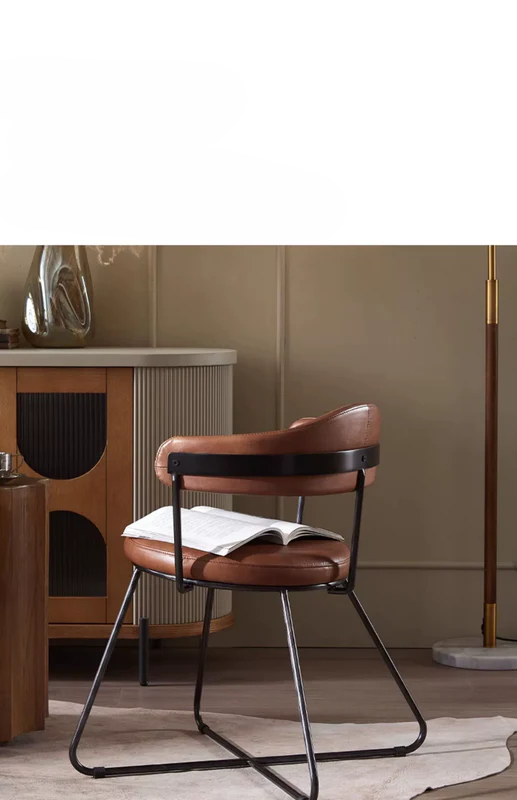 Nordic medieval style leather round chair iron creative dining chair industrial style designer retro backrest study armchair
