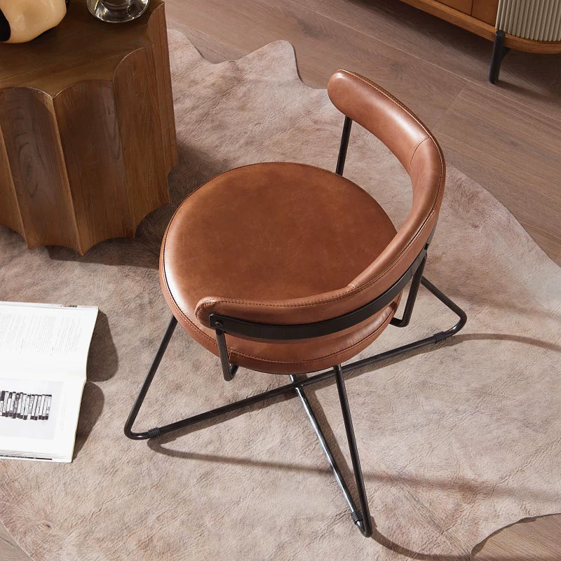 Nordic medieval style leather round chair iron creative dining chair industrial style designer retro backrest study armchair
